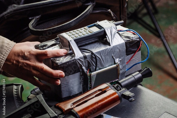 Fototapeta man making timebomb. terrorism and dangerous concept.