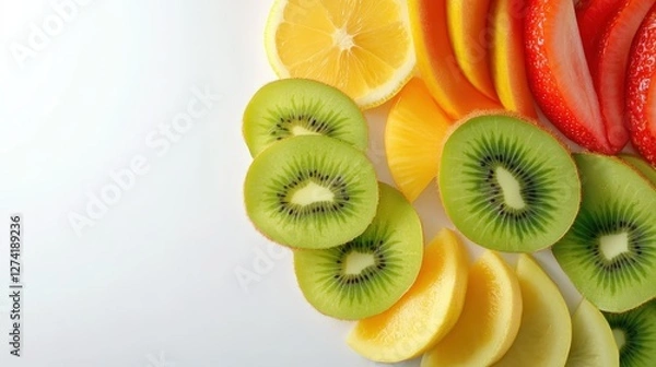 Fototapeta A vibrant composition of fresh fruit slices, including kiwi, lemon, orange, and strawberries. The bright colors and clean background make it perfect for healthy lifestyle themes.