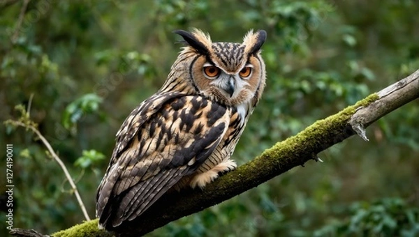 Obraz Owl sit in a branch tree and looking on the the camera on forest
