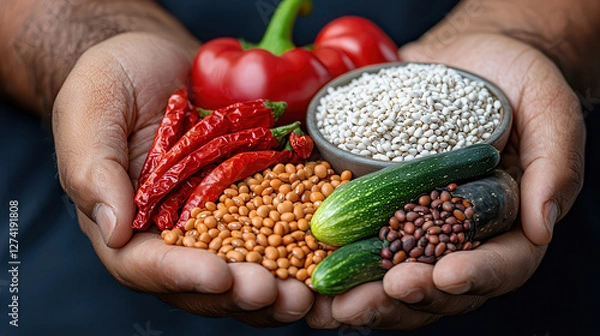 Fototapeta Hands holding fresh farm vegetables and grains, including red peppers, dried chilies, cucumbers, and various seeds, showcasing wholesome nutrition