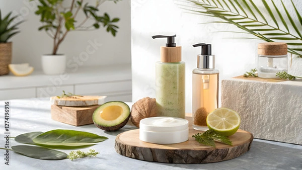 Fototapeta  Natural skincare products displayed with fresh fruits and greenery, creating a serene and organic atmosphere