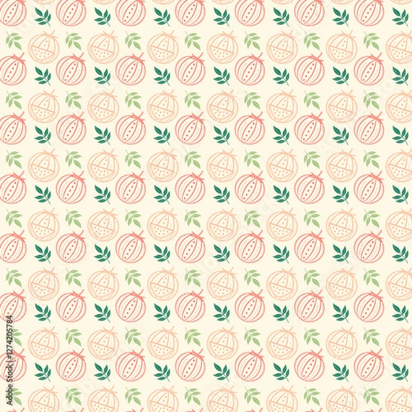 Fototapeta Seamless Peach Pattern with Soft Pink Fruits and Green Leaves on Cream Background