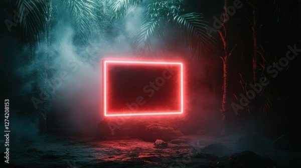 Fototapeta An empty neon frame glows in a foggy setting, representing the void of digital experiences while evoking a blend of mystery, imagination, and artistic potential.