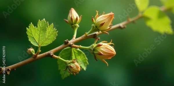 Fototapeta Desiccated green branch with wilted flowers and dried leaves, dried flowers, tree branch, natural element