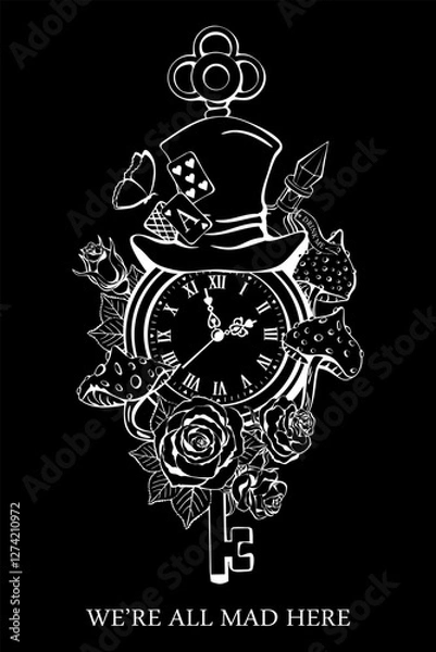 Fototapeta Alice in Wonderland poster, greeting card. Hat, playing cards, pocket watch and key, roses, mushroom and poison on white background. We are all mad here