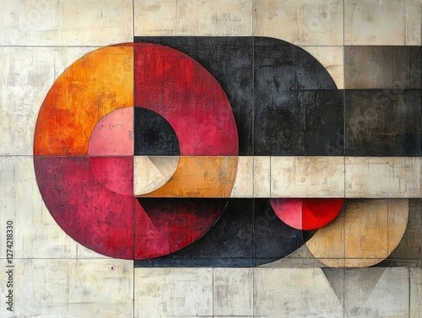 Fototapeta Abstract Composition in Reds, Oranges, and Blacks: Textured Circles and Rectilinear Forms in a Modernist Style.