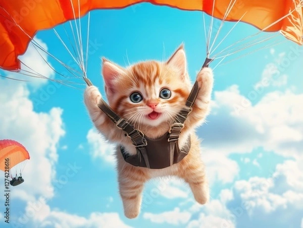 Obraz Cute fluffy kitten with a smile on his face, flying in the sky on a parachute. Children's funny 3D illustration.