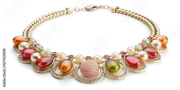 Fototapeta Multicolored Gemstone Necklace on White Background