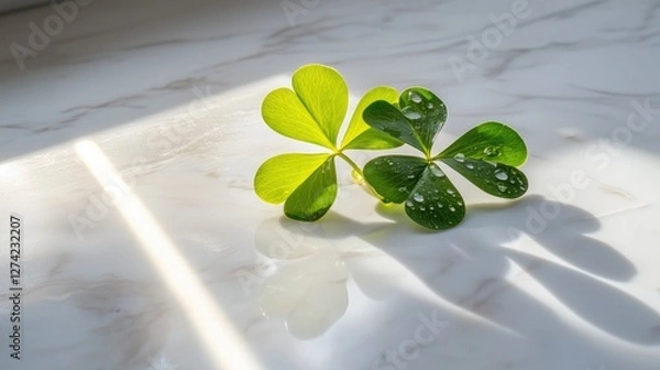 Fototapeta Two four - leaf clovers with water droplets on a marble surface, symbolic of St. Patrick's Day.