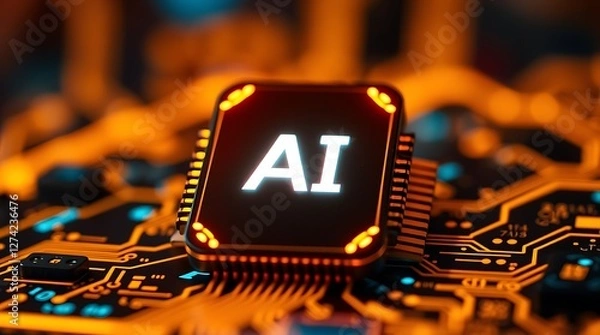 Obraz Glowing AI Icon on a Blurred High-Tech Background Symbolizing Artificial Intelligence and Technological Advancement