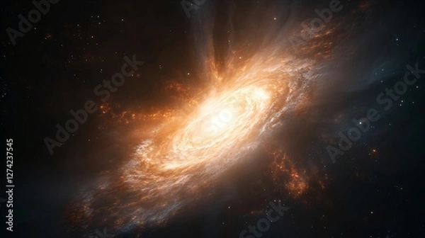 Fototapeta Majestic spiral galaxy in deep space with glowing orange core and dark cosmic background. Astronomy astronomical phenomenon showing swirling stars and interstellar dust in universe