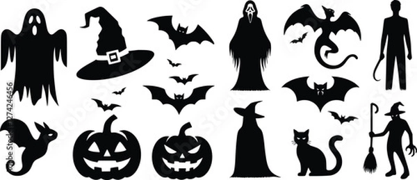 Fototapeta Halloween-themed silhouettes ghost, witch hat, bat, pumpkin, Banshee, black cat, and Boogeyman. Black-on-white design with minimalist style