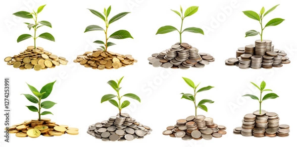 Fototapeta Set of coins with a growing plant. Visualizing Financial Growth with Coins and Plants 
Investment Growth, Financial Prosperity, and Wealth Cultivation are isolated on a transparent background. PNG