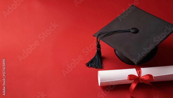 Fototapeta A graduation cap  and a rolled diploma tied with a red ribbon are placed on a red background. copy space