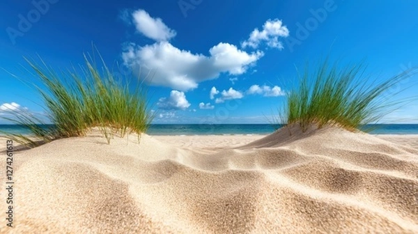 Fototapeta Windswept coastal dunes with soft golden sand and wild grass swaying under a dramatic sky