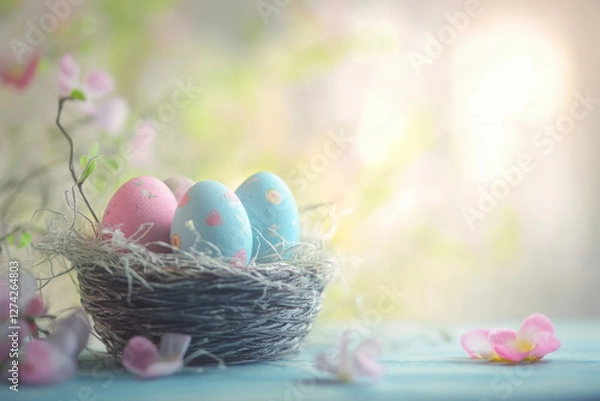 Obraz Beautiful Easter card. Bright spring background with flowers, Easter eggs in a basket. Traditional Easter illustration. Easter gift card. Copy space