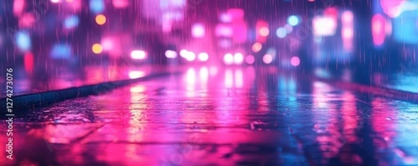 Fototapeta rainy night in a vibrant city street with neon lights, creating a mesmerizing atmosphere and reflections on wet pavement