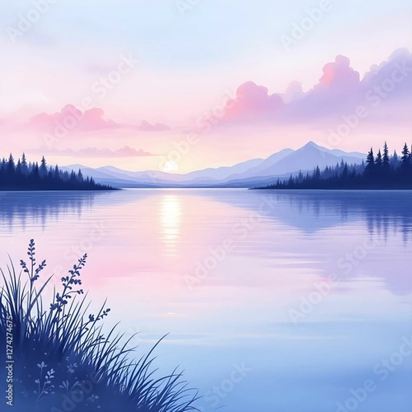 Fototapeta "Tranquil Lake at Sunset with Mountain Reflection"