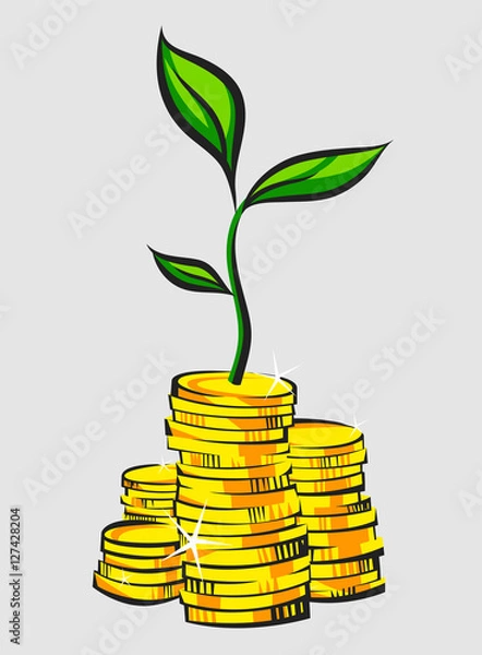 Obraz Golden coins stacks with money tree. Retro style vector illustration.