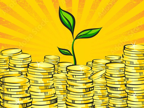Obraz Golden money stacks and wealth tree sprout. Retro vector illustration of the shining gold coins and little green plant. Investment or business success concept. Pop art treasure image.