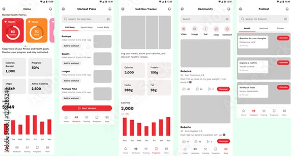 Fototapeta Mental Health, Fitness, Steps, Workout, Diet, Wellness, Nutrition & Exercise App UI Kit Template