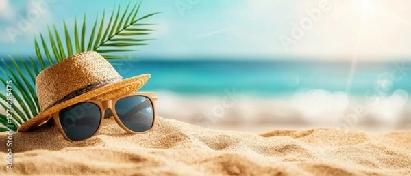 Fototapeta Relaxing Summer Scene with Sunglasses and Straw Hat on Beach