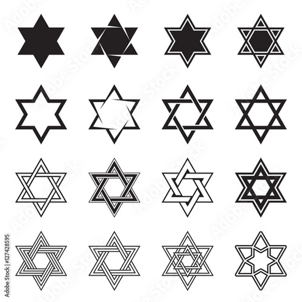Fototapeta Six-pointed star icons. Collection of 16 hexagram symbols isolated on a white background. Star of David icons. Vector illustration