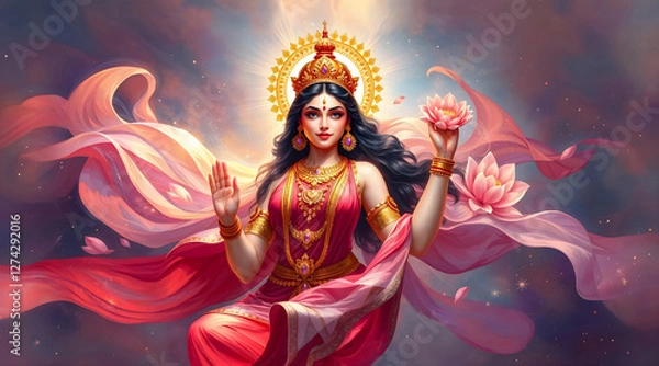 Fototapeta Goddess Lakshmi in red sari is surrounded by flowing fabrics and divine aura of prosperity. She holds pink lotus flower in one hand and gives a blessing with another