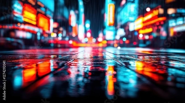 Fototapeta A vibrant, rain-soaked street scene illuminated by neon lights at night, creating a dynamic and atmospheric urban landscape.