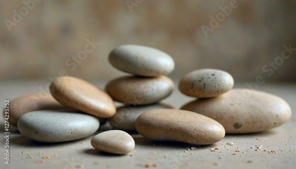 Fototapeta Stacked pebbles on concrete with blurry backdrop