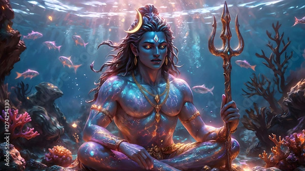 Fototapeta Lord Shiva is sitting in meditation underwater. His glowing skin shimmers with cosmic energy and he is surrounded by vibrant corals and mystical fish