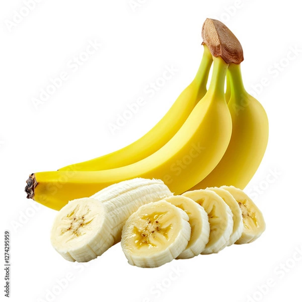 Fototapeta Photo of a banana, sliced and whole, isolated on a transparent background.