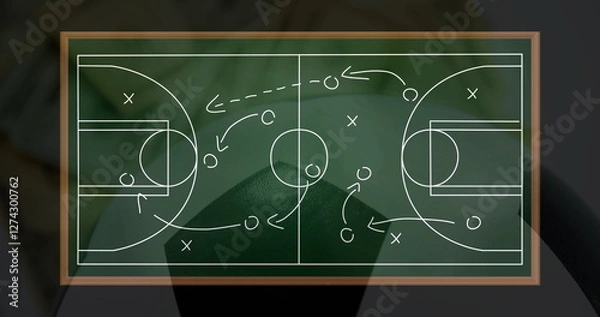 Obraz Basketball strategy image over chalkboard court diagram