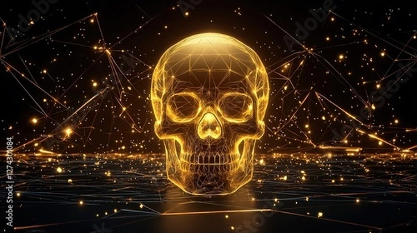 Fototapeta A golden 3D skull with a reflective, polished surface, surrounded by intricate geometric shapes, exuding luxury and mysticism.