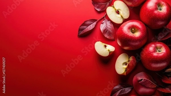 Fototapeta Fresh red apples on a vivid background with leaves and slices