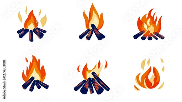Fototapeta Set of icons, campfire flames in different styles isolated on transparent background