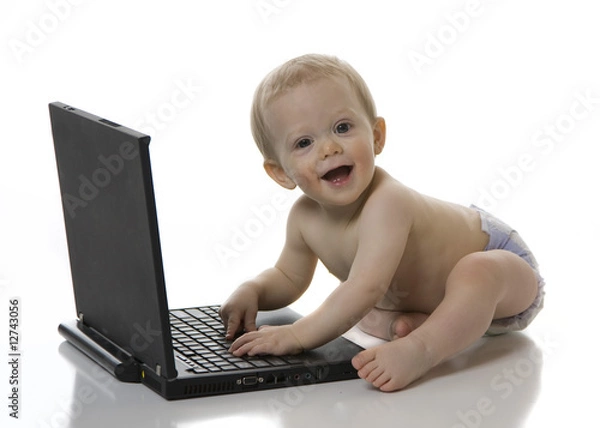 Fototapeta Baby Boy in Diaper Typing on Computer