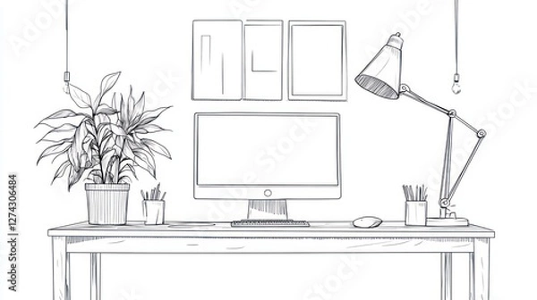 Obraz Line drawing of a modern workspace