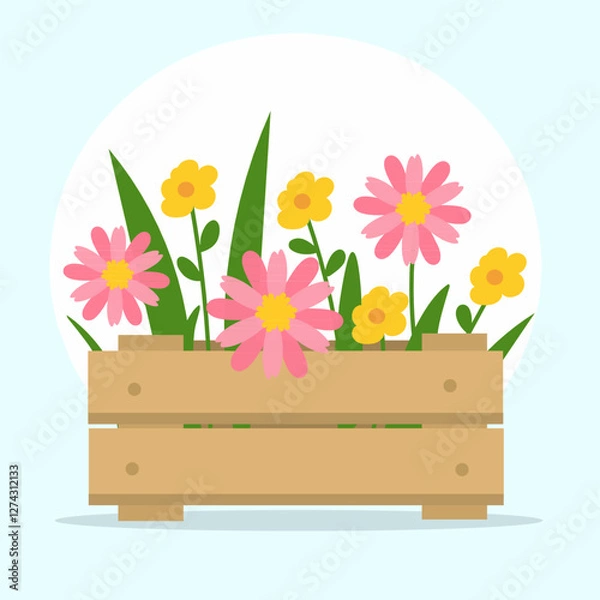 Fototapeta illustration of a wooden planter box filled with blooming flowers. The flowers are pink and yellow, surrounded by green leaves, creating a bright and cheerful garden scene