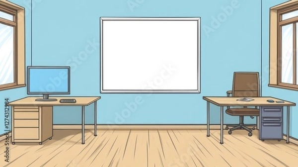 Fototapeta Office interior scene with blank whiteboard. Possible use for presentation design