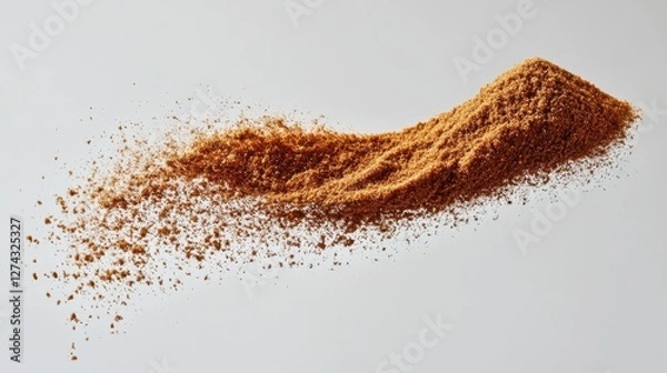 Fototapeta A mound of finely ground brown spice cascading downwards against a plain background, highlighting texture