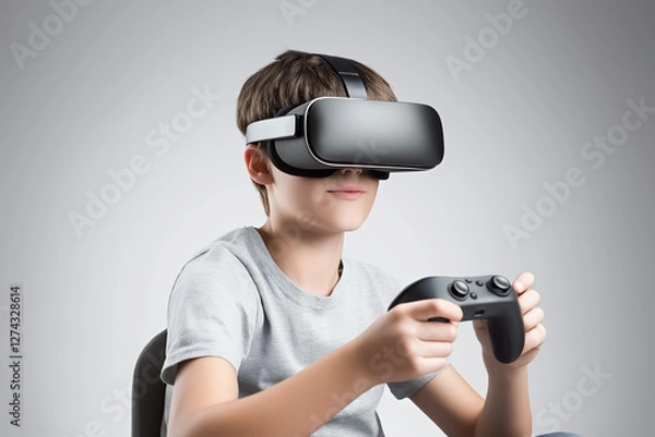 Fototapeta A teenager wearing VR glasses, sitting with controllers in hand, focused on an intense VR battle