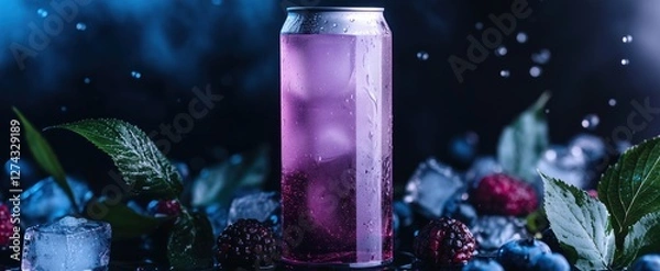 Obraz Refreshing blueberry energy drink can surrounded by ice and berries in a striking display