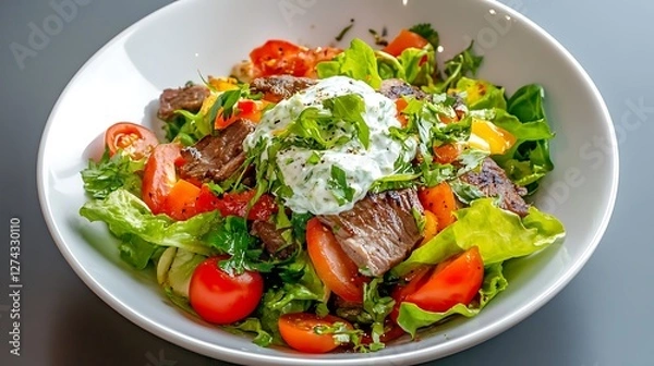 Fototapeta Fresh and Colorful Salad with Grilled Meat, Cherry Tomatoes, and Herb Yogurt Dressing on a Modern Plate