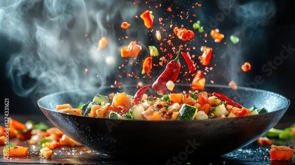 Fototapeta Colorful vegetables and spices being tossed in a sizzling pan, creating a dynamic cooking scene