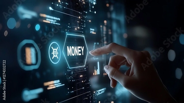 Fototapeta hand pushing a button on a touch screen interface. money button finger touch on screen button with blue background technology concept.