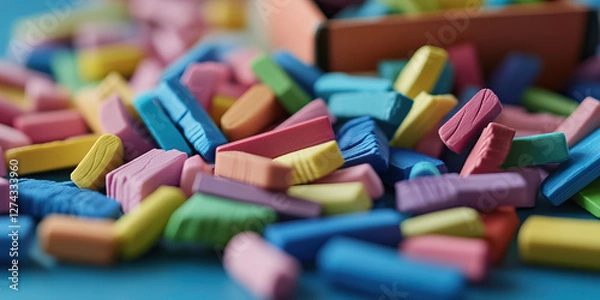 Fototapeta Scattered Pastel-Colored Chalk Pieces on Blue Surface