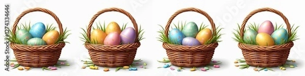 Fototapeta Festive Easter basket icon set. Collection of wicker baskets with colorful assorted eggs, grass, candy. Isolated on transparent background. Spring religious holiday decoration for graphic design