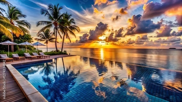 Fototapeta luxurious villa on the ocean with an infinity pool at sunset