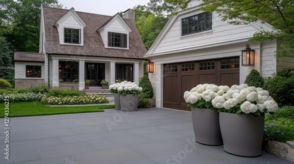 Obraz Charming suburban home with blooming hydrangeas and beautifully landscaped garden in the afternoon light